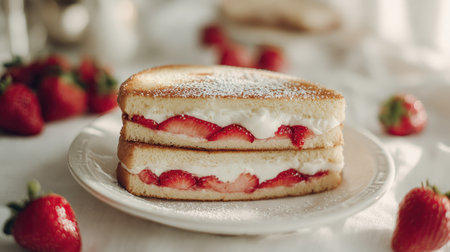 Delicious strawberry cake on a white plate, close-up.の素材