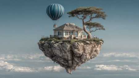 Hot air balloon flying over house on tiny island. 3D renderingの素材
