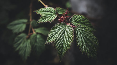 Raspberry leaves close-up. Shallow depth of field.の素材