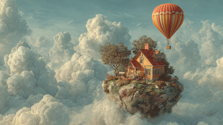 House in the clouds with hot air balloon. 3D illustration.の素材