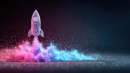 Rocket start up concept with colorful powder explosion on dark background 3D renderingの素材