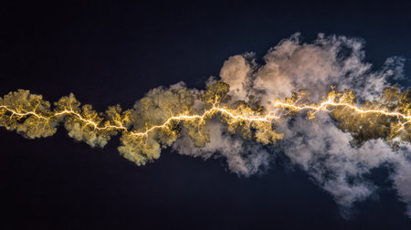 Lightning strike in the night sky with clouds and thundercloudsの素材
