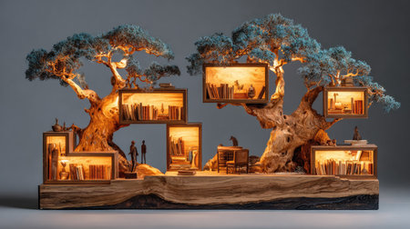 Bonsai tree and books. 3D illustration. 3D rendering.の素材