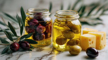Black and green olives in glass jars with cheesele tableの素材