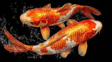 Koi fish in water splash isolated on black background, clipping path includedの素材