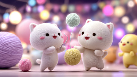 Cute little polar bears with ball of yarn on bokeh backgroundの素材