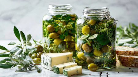 Green olives, cheese and herbs in glass jars on the tableの素材