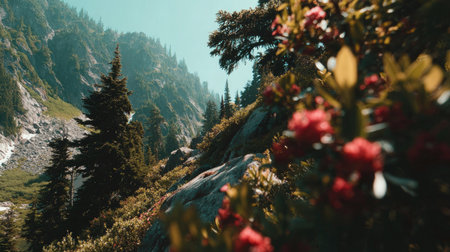 Rhododendron flowers in the mountains. Beautiful summer landscape.の素材