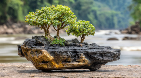 Bonsai tree on rock with blurred river background, Thailand.の素材