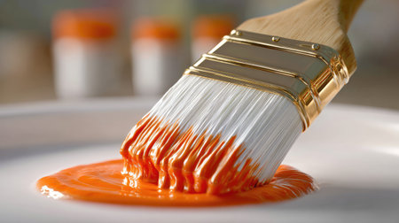 Paintbrush with orange paint on white plate, close-upの素材
