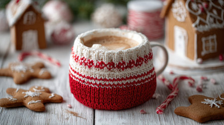 Cup of coffee with christmas gingerbread cookies on wooden backgroundの素材