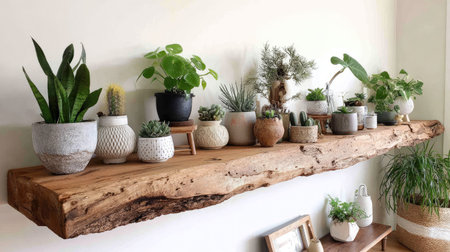 Succulents on a wooden shelf in a cozy room.の素材