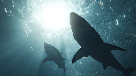 Shark swimming in blue water with sun rays. 3D renderingの素材