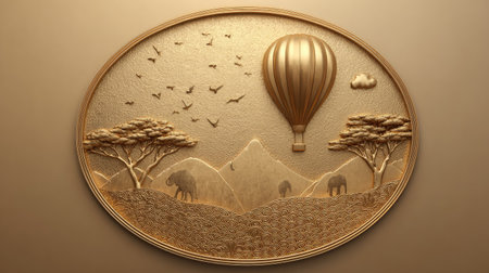 3d illustration of an air balloon over the savannah landscape.の素材