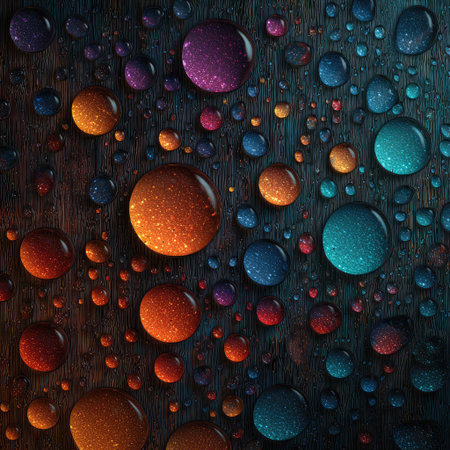 Colorful drops of water on a dark wooden surface. Abstract background.の素材