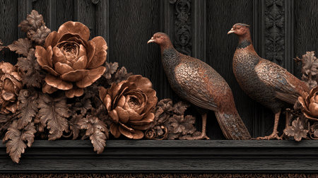 3D render of a decorative background with pheasants.の素材