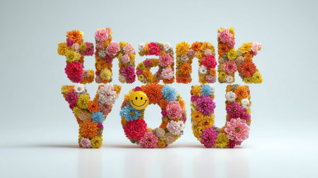 Thank you text made from colorful flowers on white background with copy spaceの素材