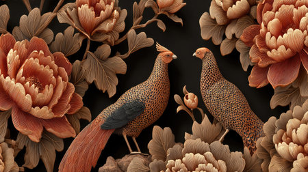 3d render of peacock and pheasant on black backgroundの素材