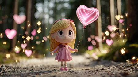 Cute little girl with heart shaped balloons in the forest. Valentine's day concept.の素材