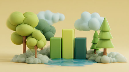 3d illustration of tree and clouds in the shape of a graphの素材