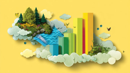 Paper art style of cityscape with hills, river, sky and clouds.の素材