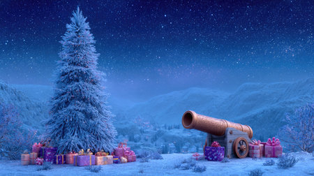 Cannon and Christmas tree in the snow. 3d illustration.の素材