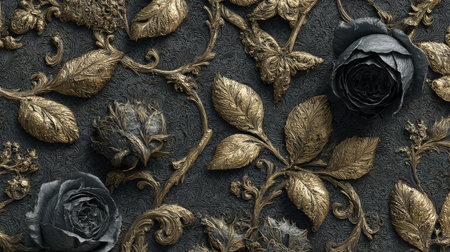 Luxury gold floral pattern on black background. Floral design.の素材