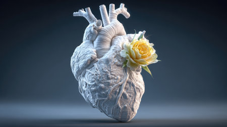 Human heart with yellow rose on dark background. 3D illustration.の素材