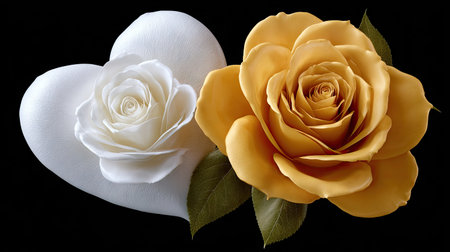 Two yellow and white roses on a black background, close-upの素材