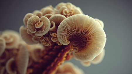 Oyster mushrooms close-up on a gray background. 3d illustrationの素材
