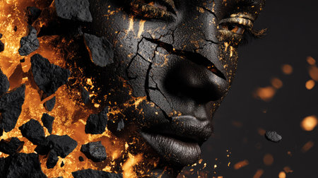 Close-up portrait of a beautiful woman with black makeup and burnt skinの素材
