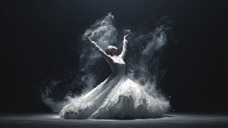 Young beautiful ballerina in white tutu dancing in flour on black backgroundの素材