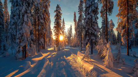 Sunset in the winter forest. Beautiful winter landscape with snow covered trees.の素材