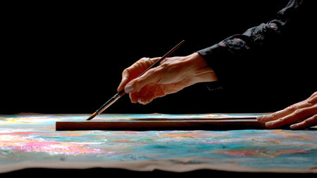 Artist paints a picture with oil paints on canvas. Isolated on black backgroundの素材