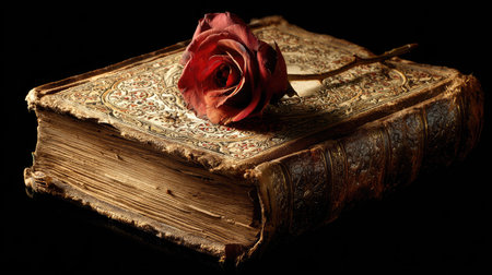 Old book with red rose on black background, shallow depth of fieldの素材