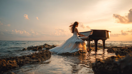 Beautiful bride in wedding dress playing piano on the beach at sunsetの素材