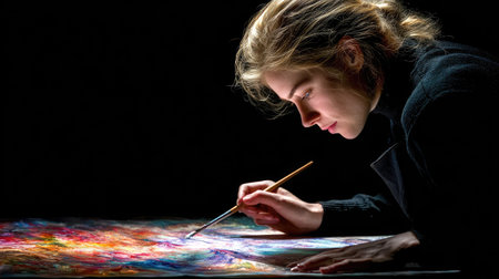 Young caucasian female artist painting on canvas on black background with copy spaceの素材
