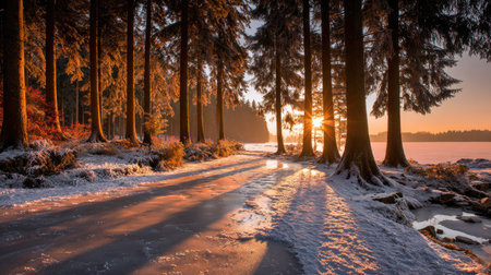Sunset in the winter forest. Winter landscape with frozen lake.の素材