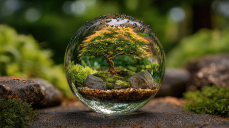 Bonsai tree in a glass ball on the garden background.の素材