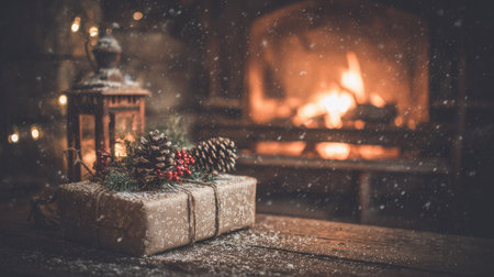 Christmas presents in front of fireplace. Holiday concept. Vintage style.の素材