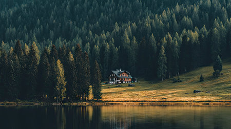 Wooden house on the shore of mountain lake in the evening.の素材