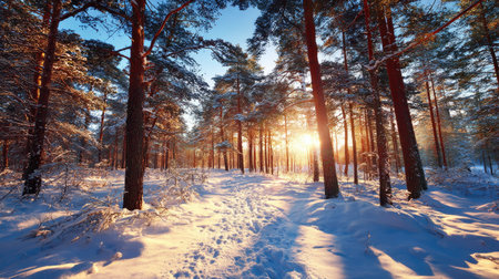 Sunset or sunrise in the winter pine forest with snow covered trees.の素材