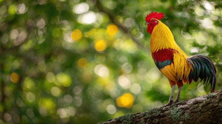 Colorful rooster on the tree with bokeh background.の素材