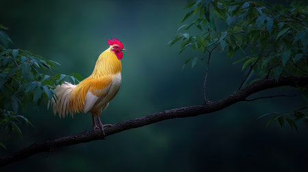 Colorful rooster standing on a tree branch in the wild.の素材