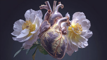 Human heart with flowers. 3d illustration of a human heart.の素材