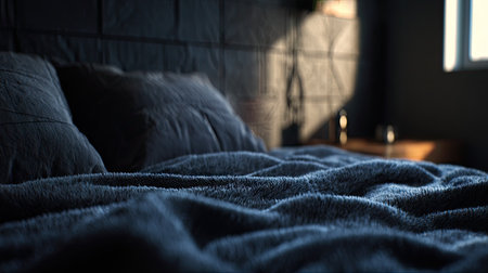 Close-up of a bed covered with a blanket, illuminated by the sunの素材