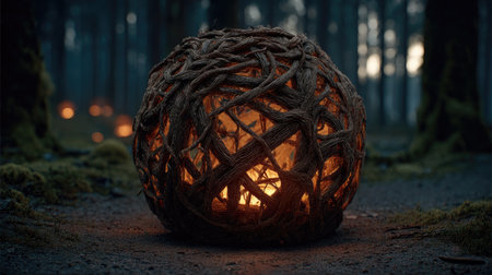 Halloween pumpkin in the dark forest. Halloween concept. 3d renderingの素材