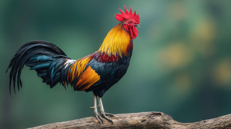 Beautiful rooster standing on the log with nature background. (Selective focus)の素材