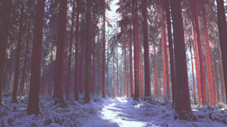 Winter forest. Beautiful winter landscape with snow covered trees and path.の素材