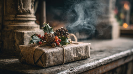 Gift box with christmas decoration on the background of the old churchの素材